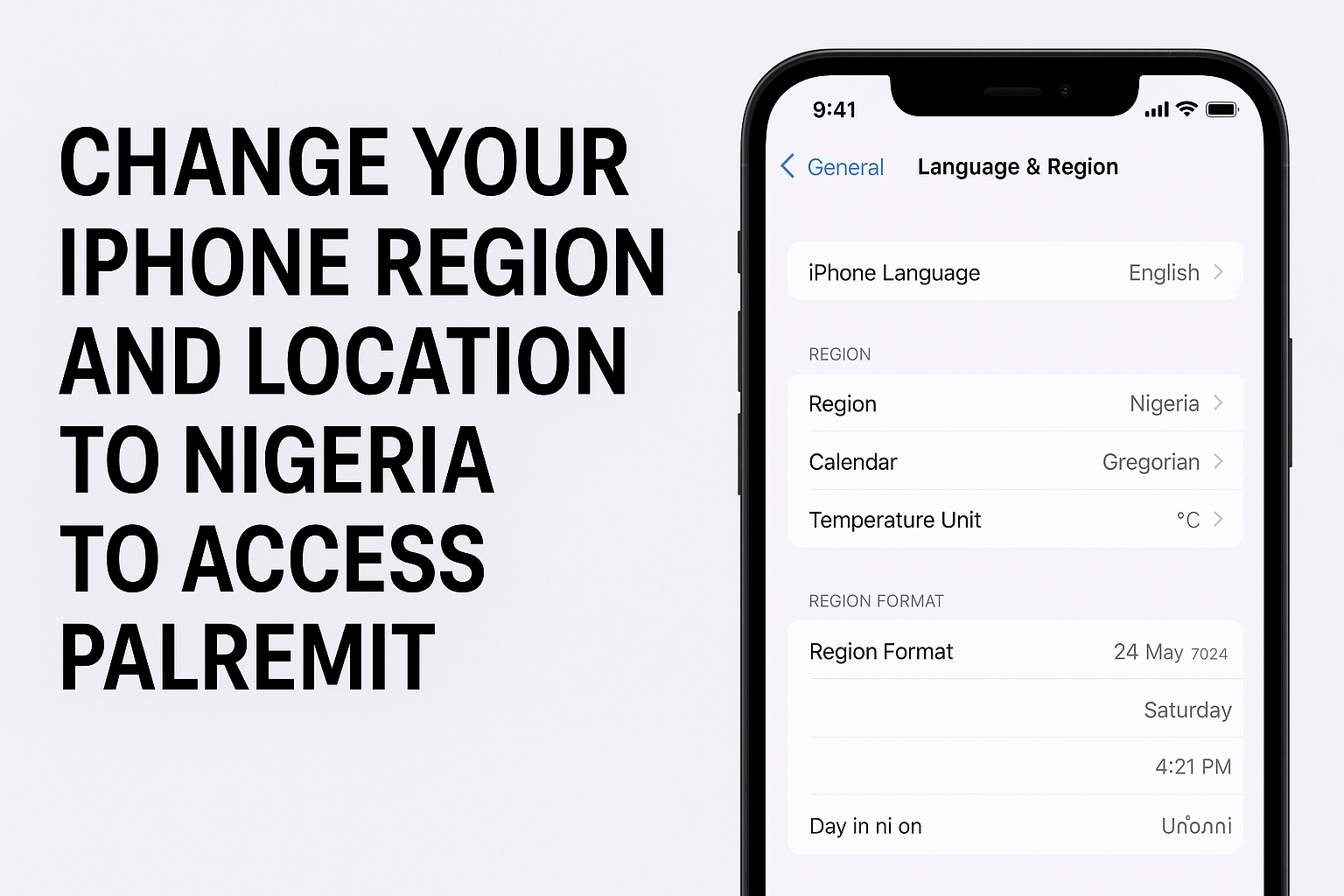 iPhone settings screen showing how to change region to Nigeria